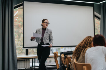 A confident female teacher delivers a presentation in a contemporary classroom. The setting...