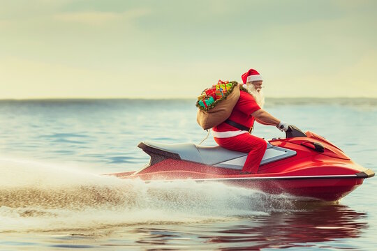 Santa Claus on a jet ski with gifts speeding on the ocean, concept of adventure and holiday fun - Powered by Adobe