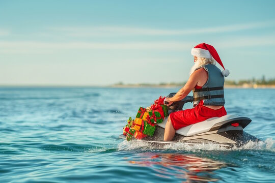 Santa Claus on a jet ski with gifts in the ocean, concept of festive delivery and adventure