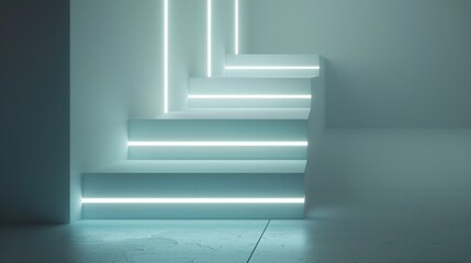 Obraz premium Abstract minimal architecture featuring a staircase glowing with neon light and a concrete floor