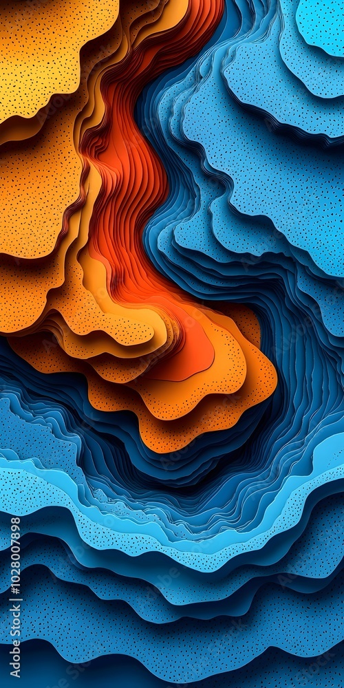 Poster abstract layered background with 3d effect, featuring a vibrant orange and blue color scheme.
