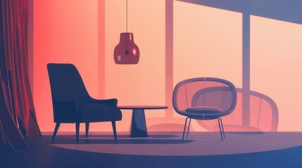 Silhouettes of an armchair, table, and lamp create a warm atmosphere against a light gradient backdrop in a cozy room. Generative AI