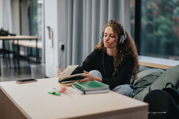 A high school student wearing headphones studies passionately in a cozy lounge area. The scene...