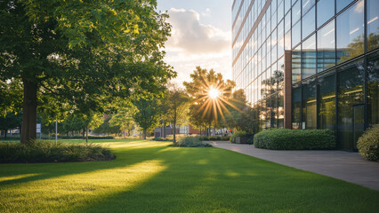 Modern office building with glass facade and lush green lawn during sunset, showcasing eco-friendly architecture, sustainability, and harmony with nature in urban environments