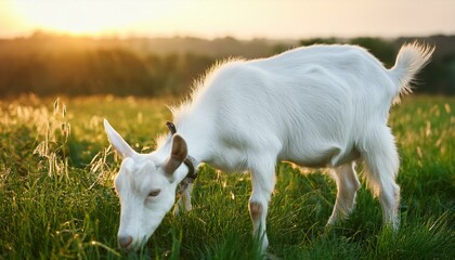 Obraz premium a white male goat is eating grass in a pasture domestic agricultural cattle