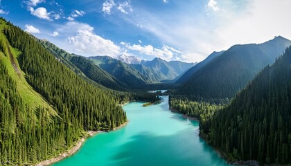 Fototapeta premium aerial view of kanas lake and forest with mountain natural landscape in xinjiang china kanas lake is the most beautiful lake in china