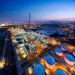 Obraz premium aerial view of oil and gas petrochemical industrial with refinery factory industrial area buildings scenery at night high angle view