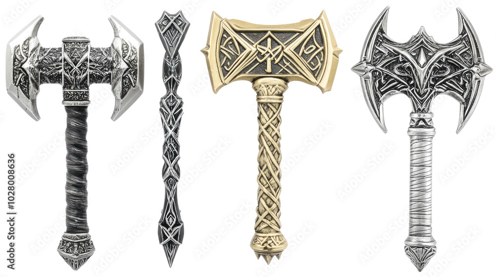 Poster collection of ornate fantasy weapons displayed on a white background generative ai