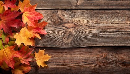 autumn background with maple leaves on antique barn wood