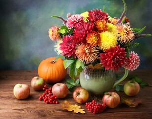 autumn still life with garden flowers beautiful autumnal bouquet in vase apples and berries on wooden table colorful dahlia and chrysanthemum