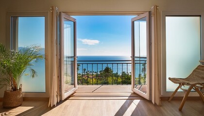 Fototapeta premium balcony with sea view big window and opened door in authentic house on coastline cozy home interior ventilation in apartment concept of calming travel fresh wind heat summer vacation