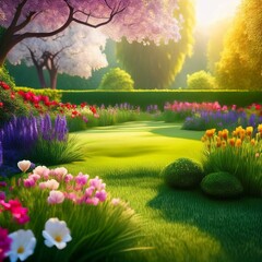 Fototapeta premium beautiful spring garden with flowers and lawn grass 3d illustration