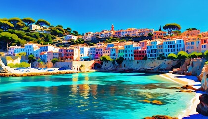 Naklejka premium A vibrant oil painting showing a peaceful Mediterranean town bathed in summer sunlight, surrounded by the sparkling blue sea and picturesque buildings, Generative AI