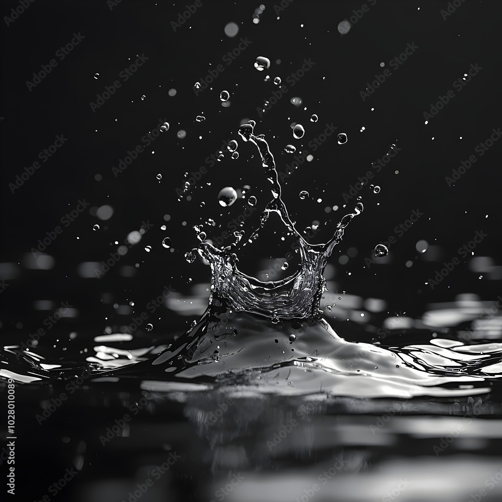 Poster a close-up of a water droplet splashing into a dark surface, creating a beautiful crown-like shape w