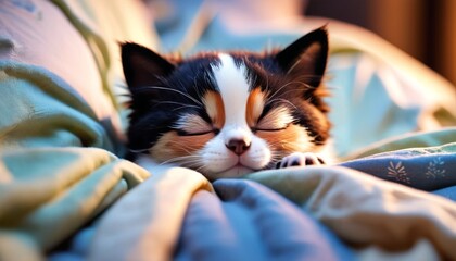 An endearing visual of little animals tucked into bed, their eyes closed in peaceful sleep, with soft pillows and blankets creating a dreamy, cozy atmosphere, Generative AI