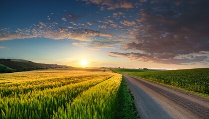 country road and green wheat fields natural scenery at sunset