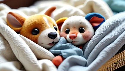 A calming illustration of tiny animals resting peacefully in their cribs, snuggled under soft blankets with their favorite plush toys by their side, Generative AI