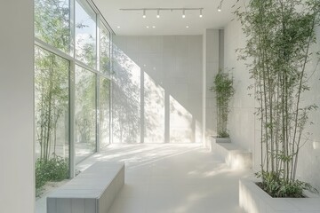 shot of a fashion store with minimalist design, white walls, light gray tiles, and green plants visible through large windows
