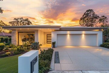 shot of a modern house with a flat roof, white walls, and large garage door on the left, complemented by a garden entrance at sunset