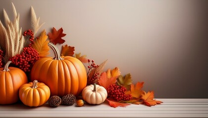 festive autumn decor from pumpkins berries and leaves concept of thanksgiving day or halloween with copy space