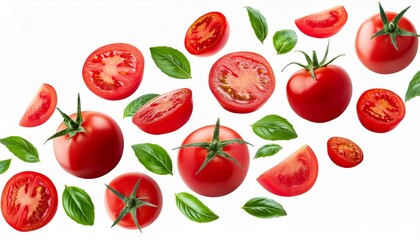 flying cut out red ripe juicy tomatoes and green leaves isolated on white background with clipping path healthy vegan organic food vegetable cherry tomatoes creative food concept tomatoes patter