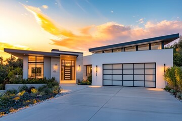 Naklejka premium shot of a modern house with a flat roof, white walls, and large garage door on the left, complemented by a garden entrance at sunset