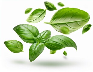 Fototapeta premium fresh green organic basil leaves flying isolated on white background with clipping path food levitation concept pattern ingredient spice for cooking creative layout with basil