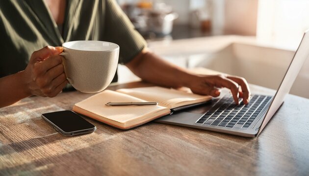 freelancer workplace with laptop cup of coffee and notebook young woman working from home office in cozy kitchen female business close up of hands