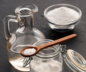 Jar with water and baking soda in glass jar, Healthy mix.