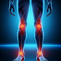 Obraz premium joint pain blue transparent outline of a person s legs red inflamed knee and hip joints human anatomy