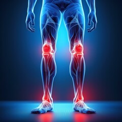 Obraz premium joint pain blue transparent outline of a person s legs red inflamed knee and hip joints human anatomy