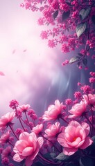 Fototapeta premium pink flowers in the middle of a field, beautiful wallpaper, pink flowers, beautiful wallpaper, flowery wallpaper, magical flowers