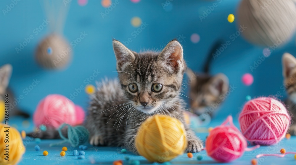 Poster kittens engage joyfully with vibrant balls and soft yarn in a lively environment, showcasing their p