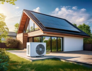 modern house building with heat pump concept of sustainable energy efficient home