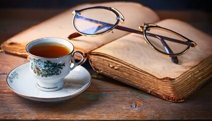 old book on the wooden desk vintage eyeglasses porcelain cup o