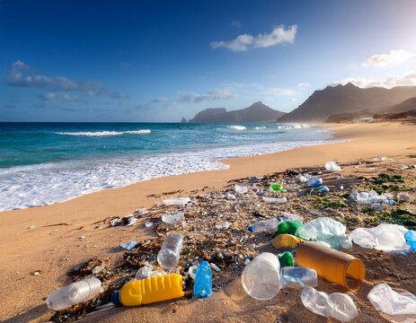 plastic pollution on the beach at baia parda east coast of sal cape verde islands