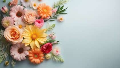 spring floral composition made of fresh colorful flowers on light pastel background festive flower concept with copy space
