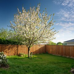 spring tree in backyard and wooden garden fence