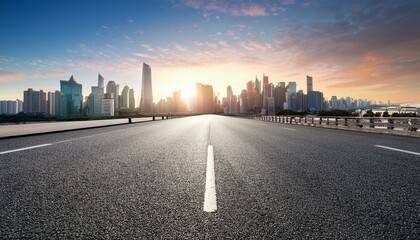 Fototapeta premium straight asphalt road and city skyline with buildings scenery