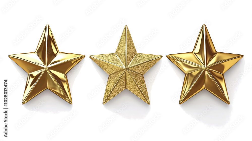 Poster collection of golden five-pointed stars isolated on a white background generative ai