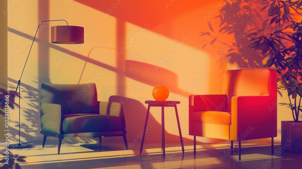 Poster The composition showcases silhouettes of an armchair, a table with an orb, and a lamp, creating a cozy atmosphere on a gradient backdrop. Generative AI