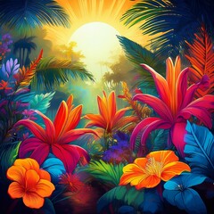 tropical forest illustration with vibrant flowers creates a colorful paradise background