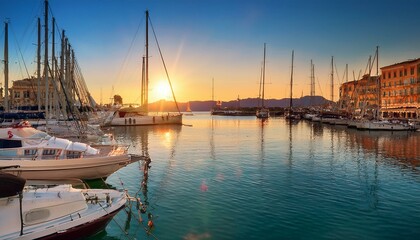 Fototapeta premium view of boats in old port marina at sunset corfu ionian sea greek islands greece