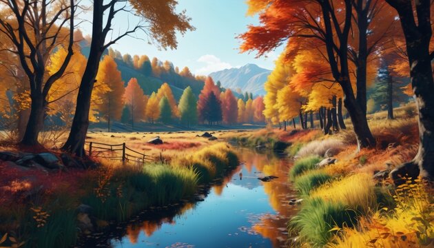 A tranquil autumnal landscape captures the essence of the countryside, with vibrant foliage creating a stunning display of seasonal beauty, Generative AI