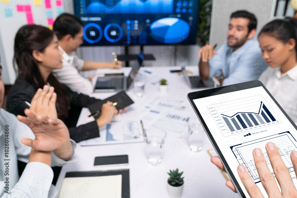 Aufkleber Analyst team uses BI Fintech display tablet to analyze financial data . Business people analyze BI software technology dashboard power for insights power into business marketing planning. Prudent