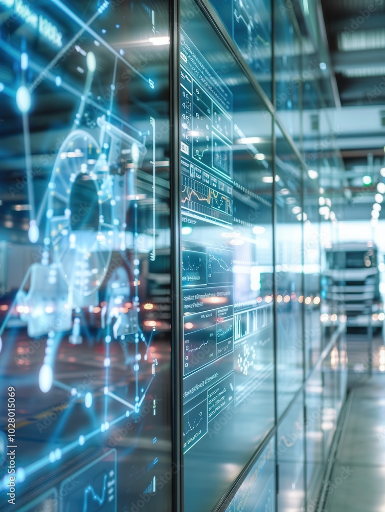 Poster a logistics control center actively monitors delivery routes and data on large screens to optimize t