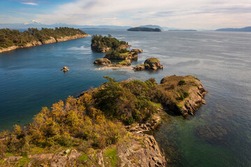 Aerial View of Ewing Cove, Sucia Island, Washington. Emerald waters, forested trails, magnificent...