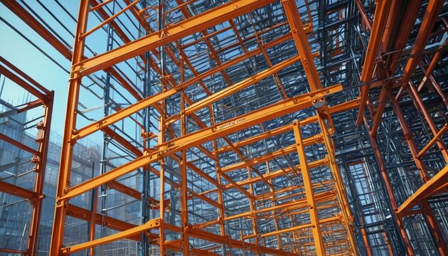 A dynamic scene of metal scaffold construction, showcasing the intricate framework that supports building projects and enhances safety during the construction process, Generative AI