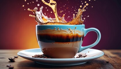 A lively depiction of a cup of coffee with a splash, illustrating the invigorating effect of a fresh brew and the excitement of a new day, Generative AI