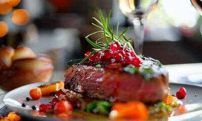 Enjoying a gourmet steak with fresh herbs and colorful veggies at a fine restaurant